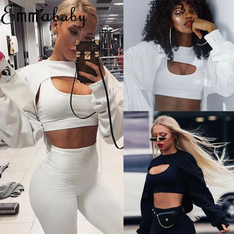 Short Sweatshirts Women Long Sleeve Black White Sweatshirt Fashion Crop Top