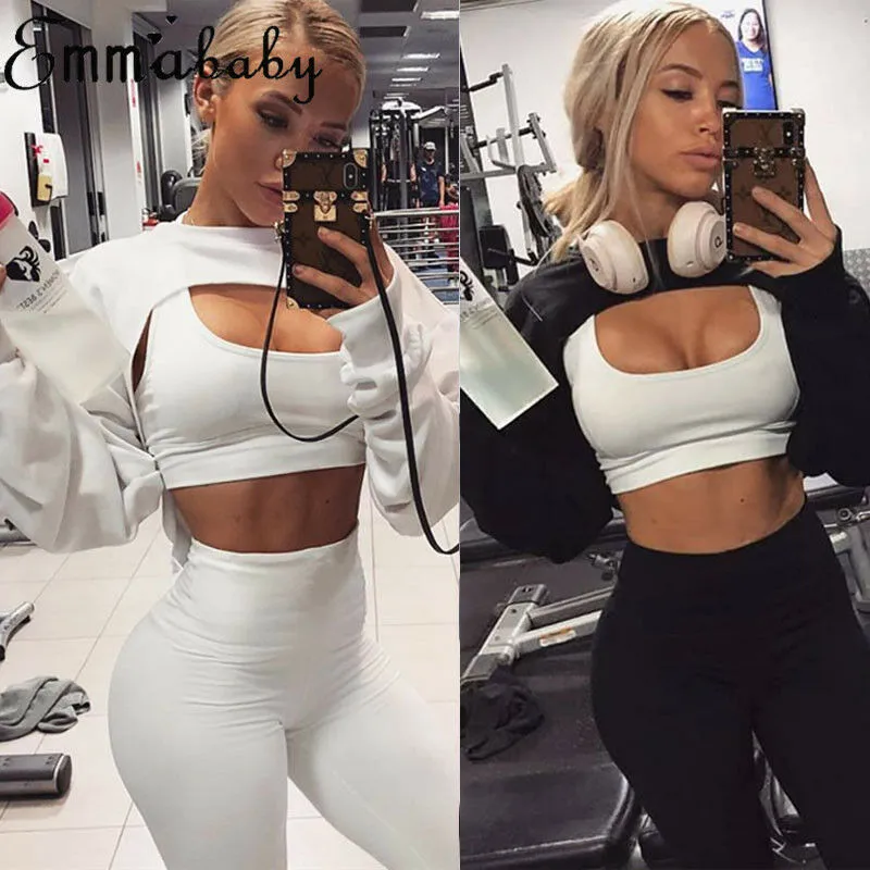 Short Sweatshirts Women Long Sleeve Black White Sweatshirt Fashion Crop Top