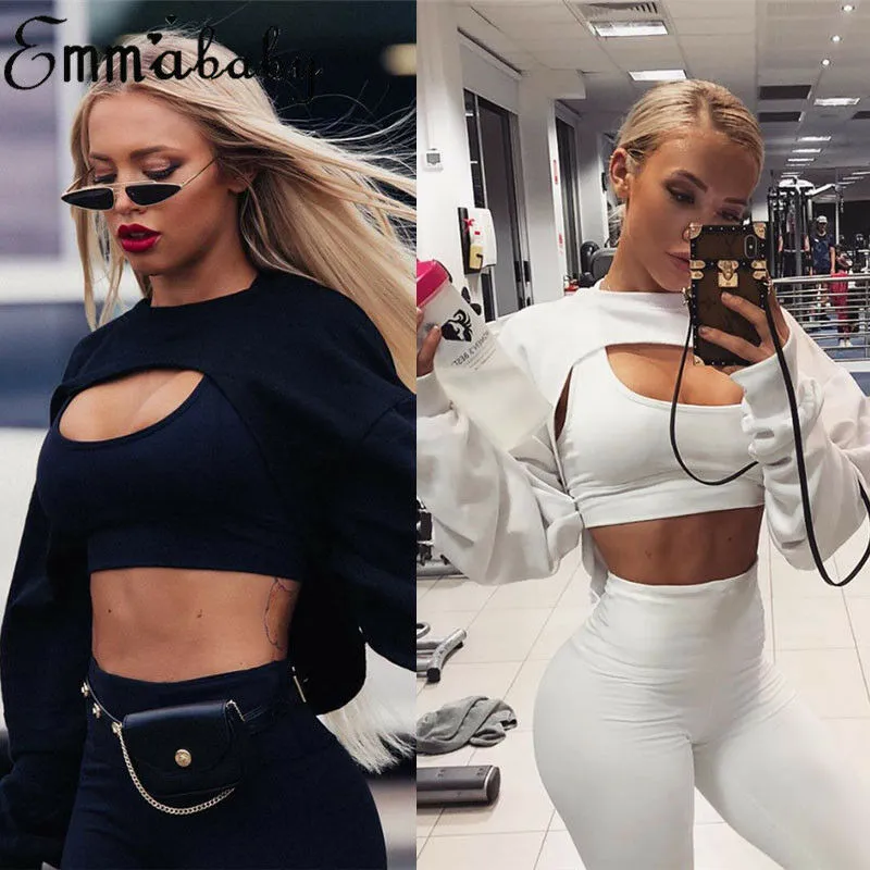 Short Sweatshirts Women Long Sleeve Black White Sweatshirt Fashion Crop Top