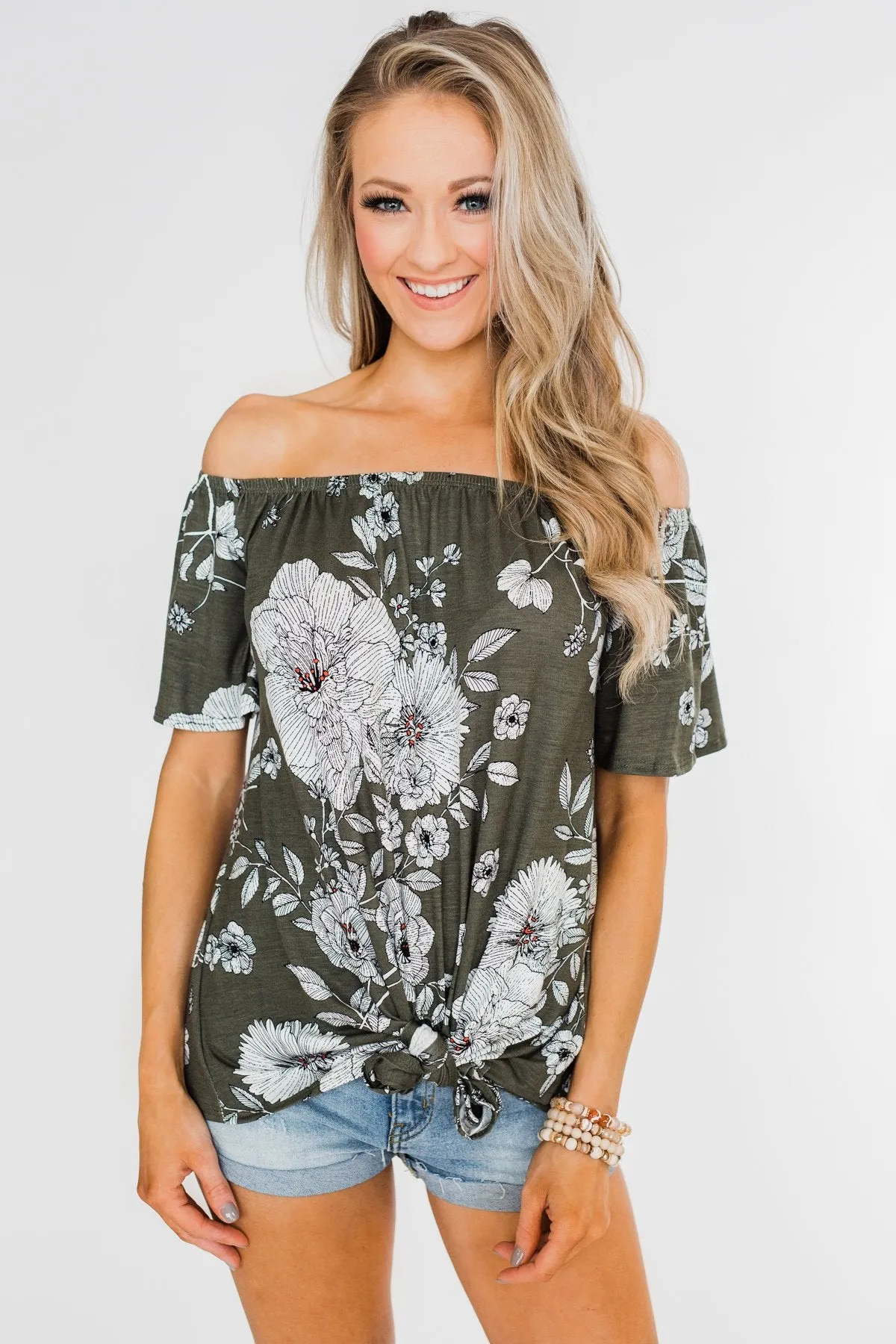 Sketch of You Floral Off The Shoulder Top- Olive