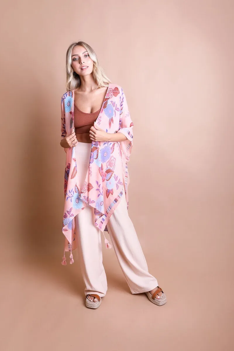 Summer Kimono Duster with Black Floral Mandala Print