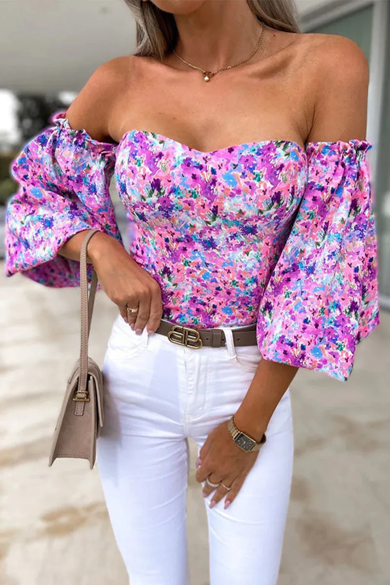 Sweet Elegant Print Printing Off the Shoulder Tops