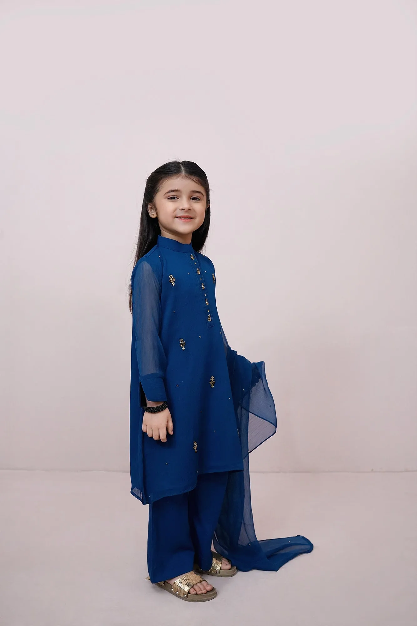 Teal Blue Embroidered Chiffon
