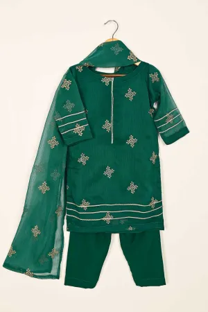 TKF-114- Green - Kids 3Pc Chiffon Embroidered Dress