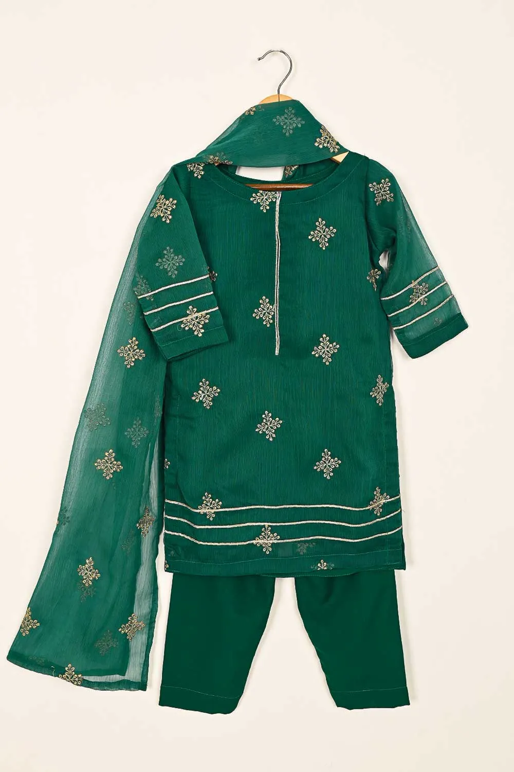TKF-114- Green - Kids 3Pc Chiffon Embroidered Dress