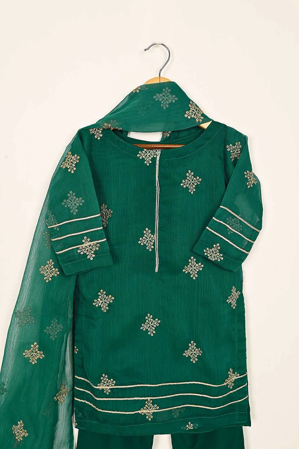 TKF-114- Green - Kids 3Pc Chiffon Embroidered Dress