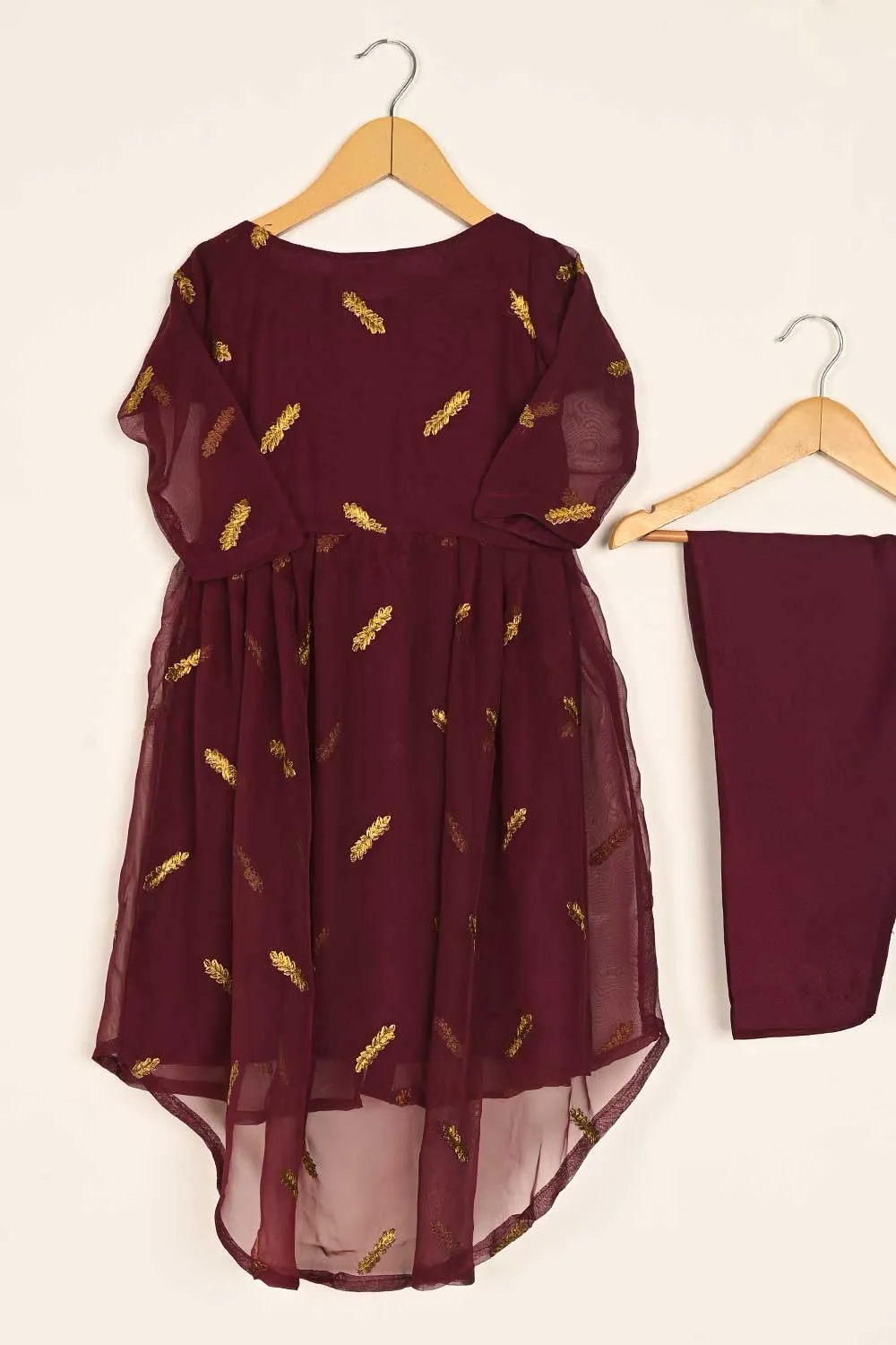TKF-116- Maroon - Kids 3Pc Chiffon Embroidered Dress