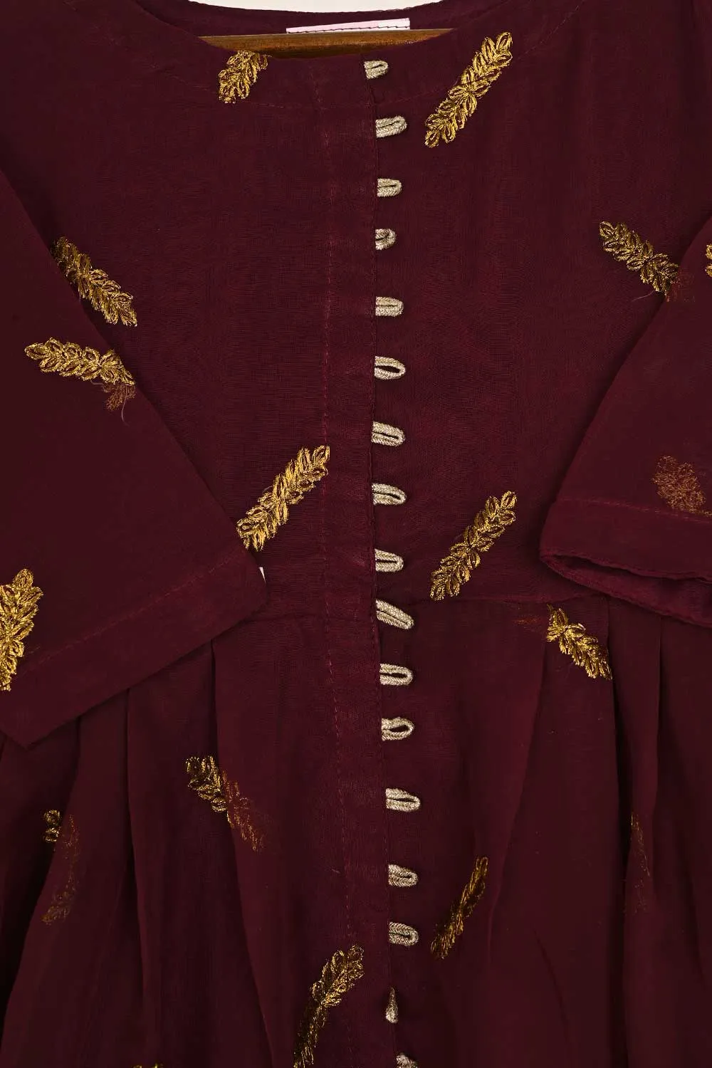 TKF-116- Maroon - Kids 3Pc Chiffon Embroidered Dress
