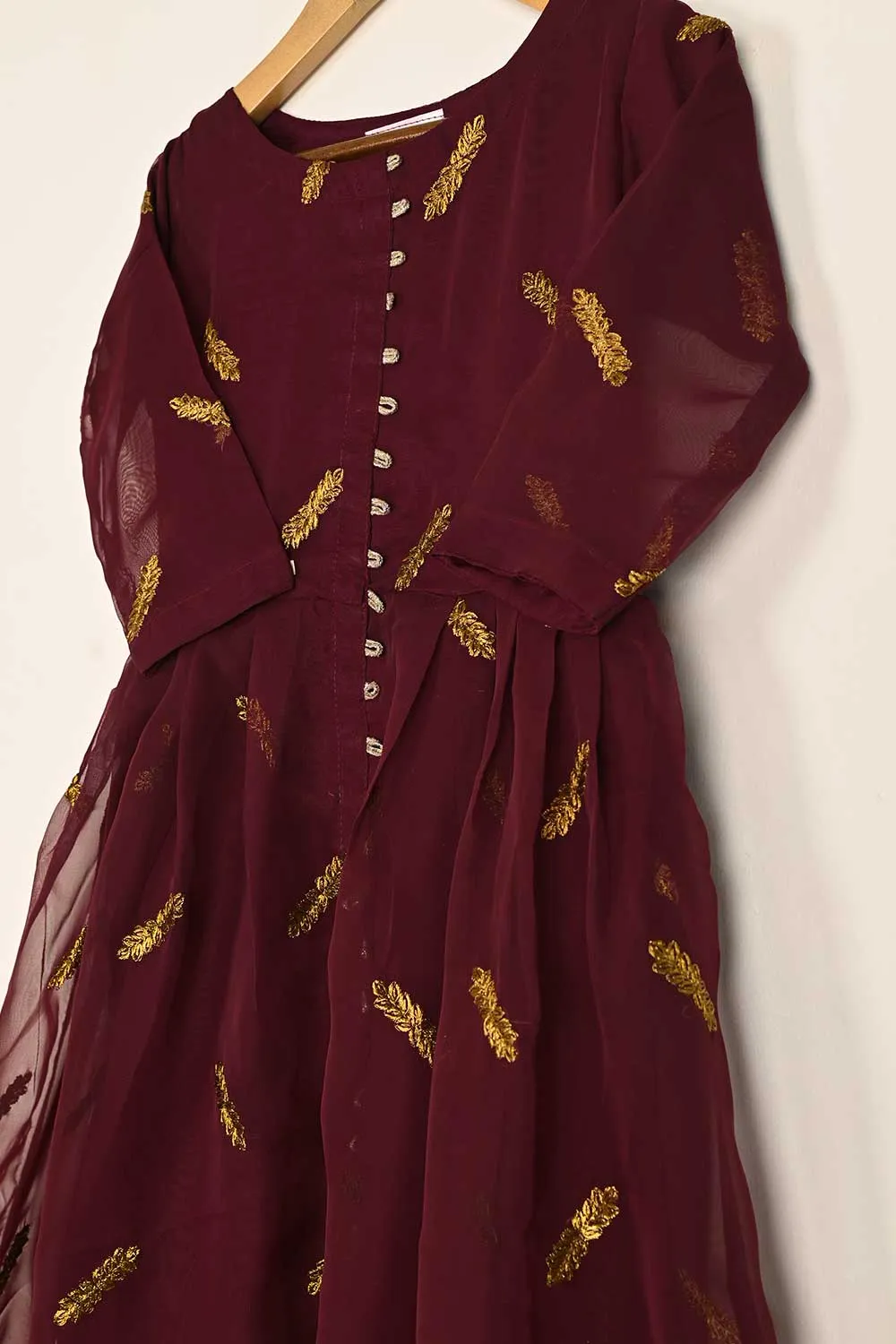 TKF-116- Maroon - Kids 3Pc Chiffon Embroidered Dress
