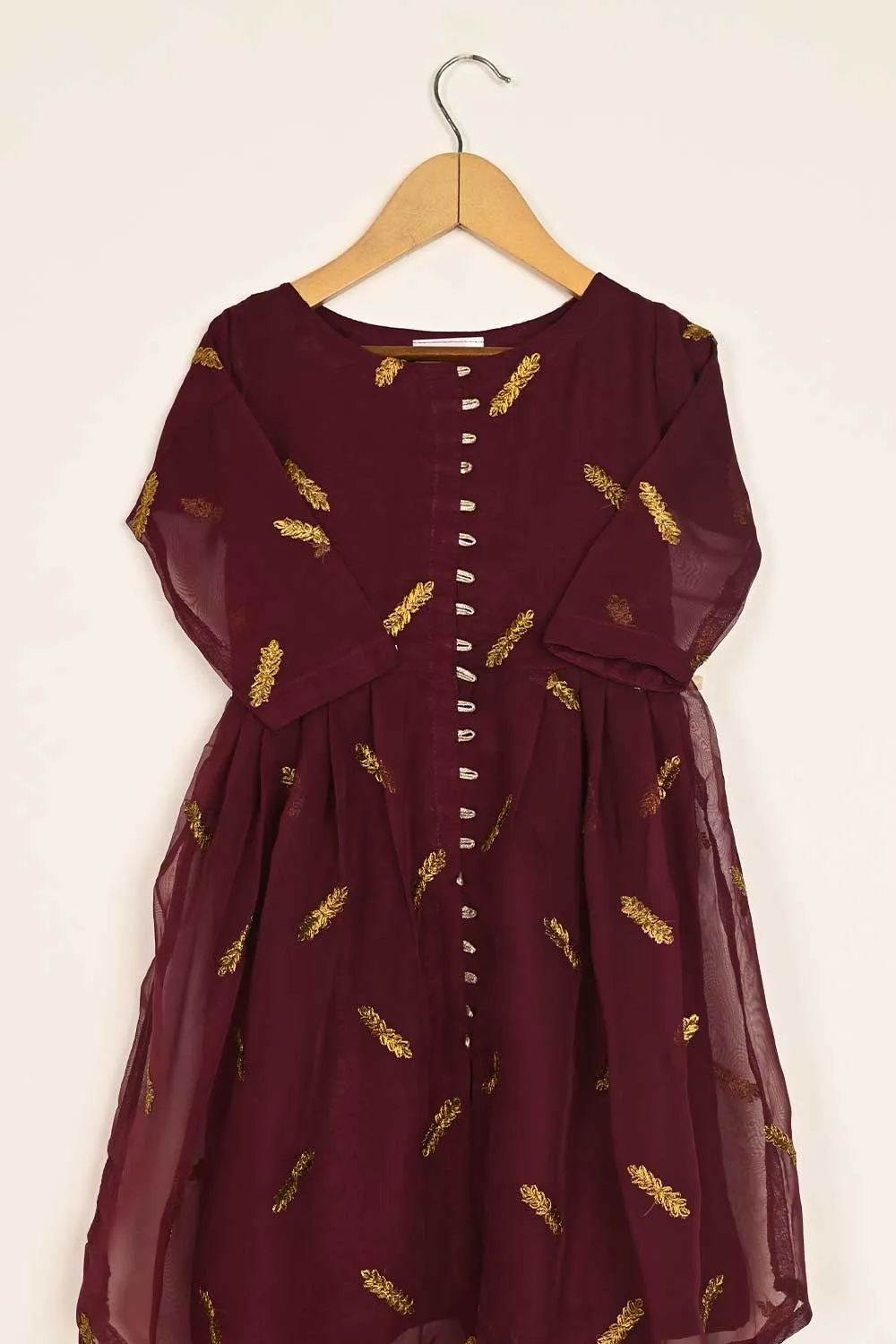 TKF-116- Maroon - Kids 3Pc Chiffon Embroidered Dress