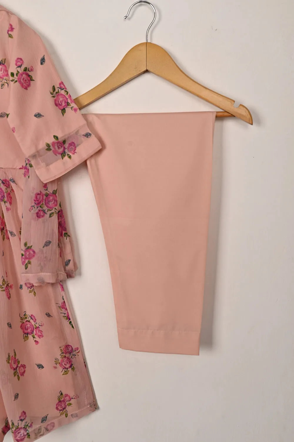 TKF-300-Tea Pink - Kids 3Pc Chiffon Printed Frock