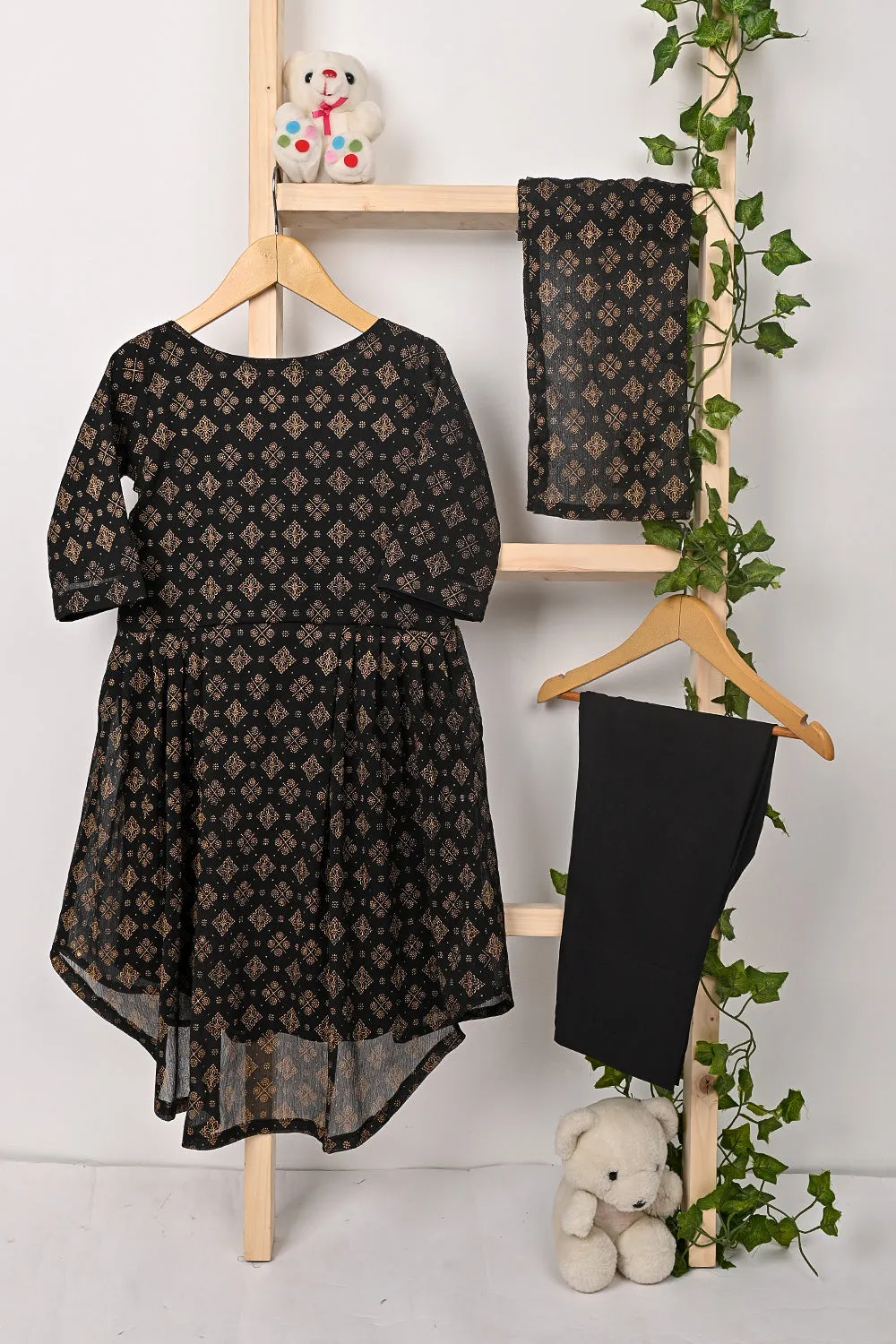 TKF-319-Black - Kids 3Pc Chiffon Printed Frock