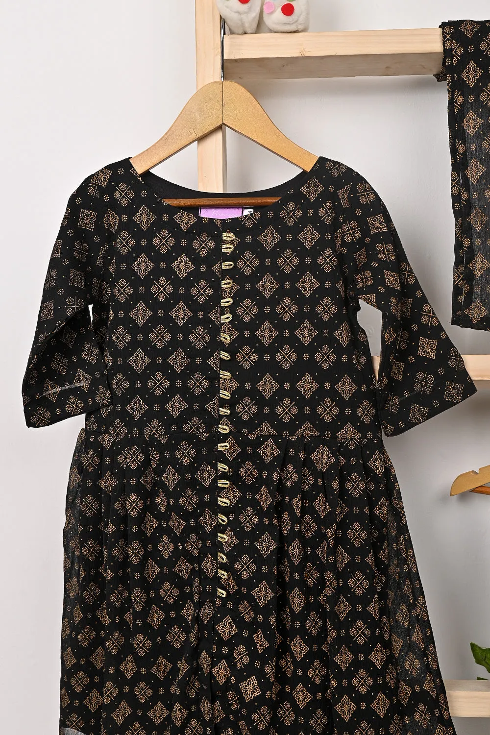 TKF-319-Black - Kids 3Pc Chiffon Printed Frock