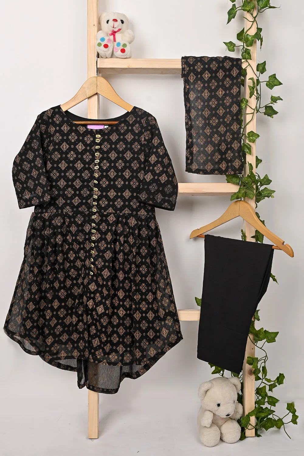 TKF-319-Black - Kids 3Pc Chiffon Printed Frock