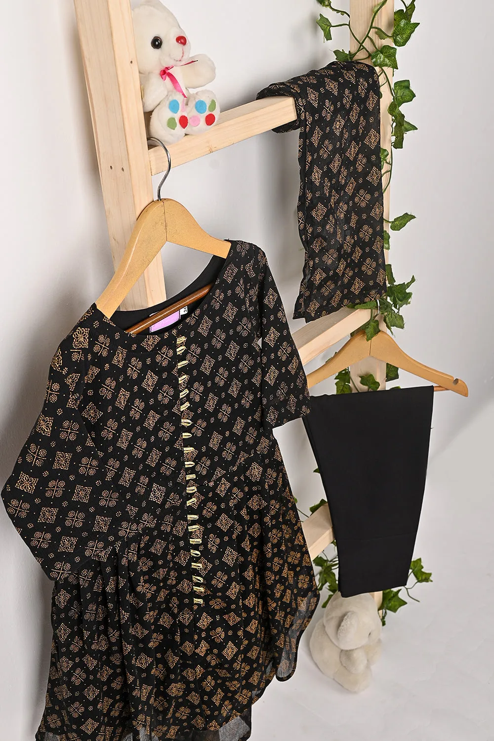 TKF-319-Black - Kids 3Pc Chiffon Printed Frock