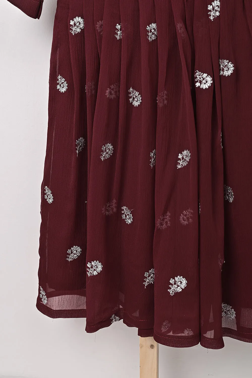 TKF-321-Maroon - Kids 3Pc Ready to Wear Chiffon Embroidered Frock