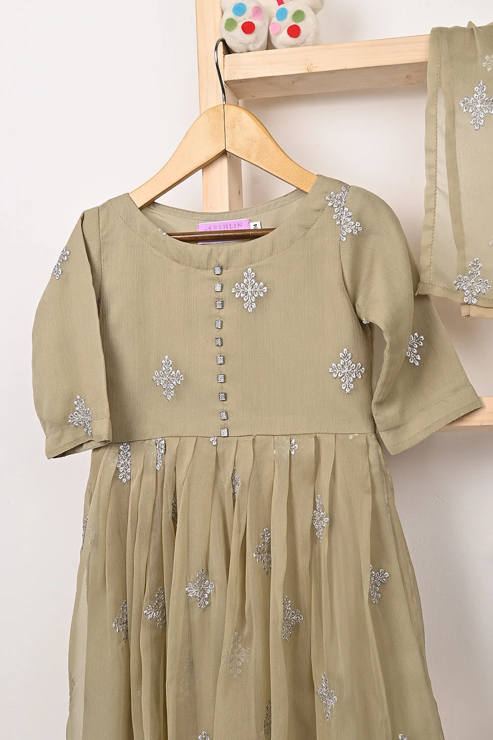 TKF-323-Beige - Kids 3Pc Ready to Wear Chiffon Embroidered Frock