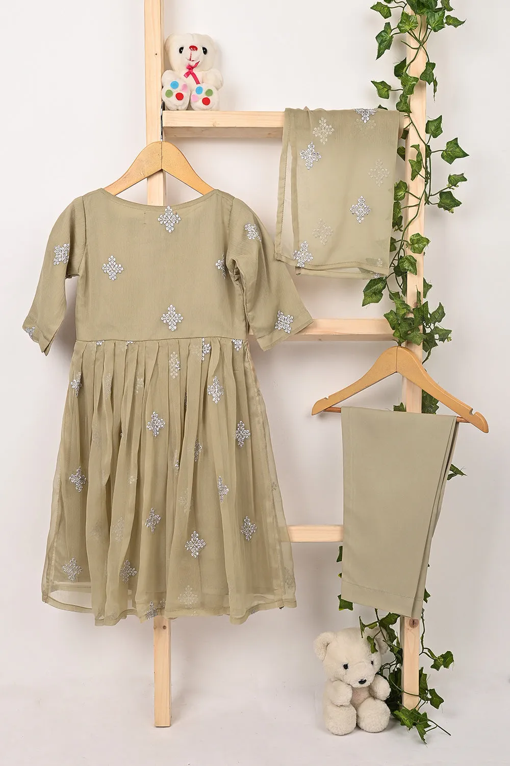 TKF-323-Beige - Kids 3Pc Ready to Wear Chiffon Embroidered Frock