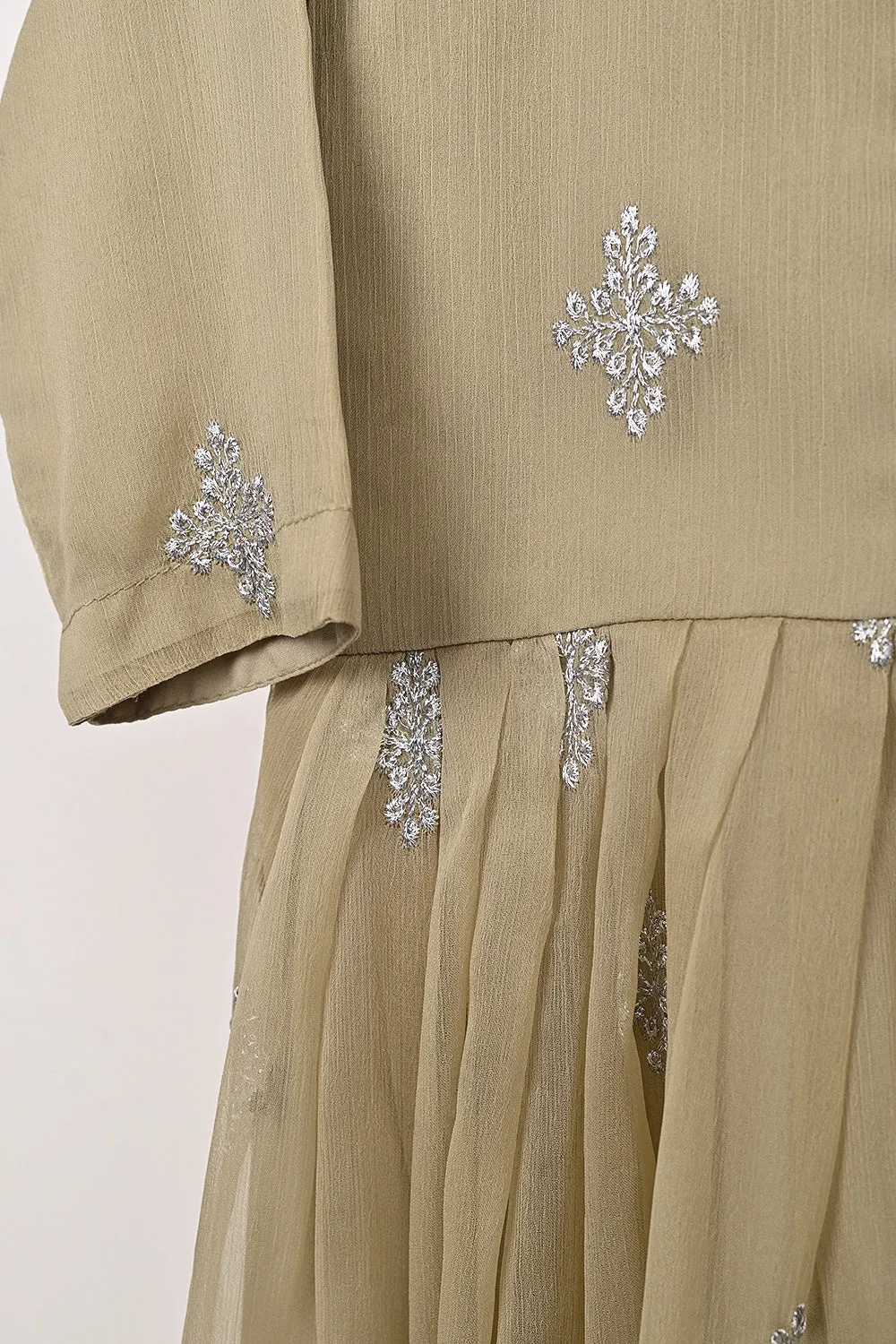 TKF-323-Beige - Kids 3Pc Ready to Wear Chiffon Embroidered Frock