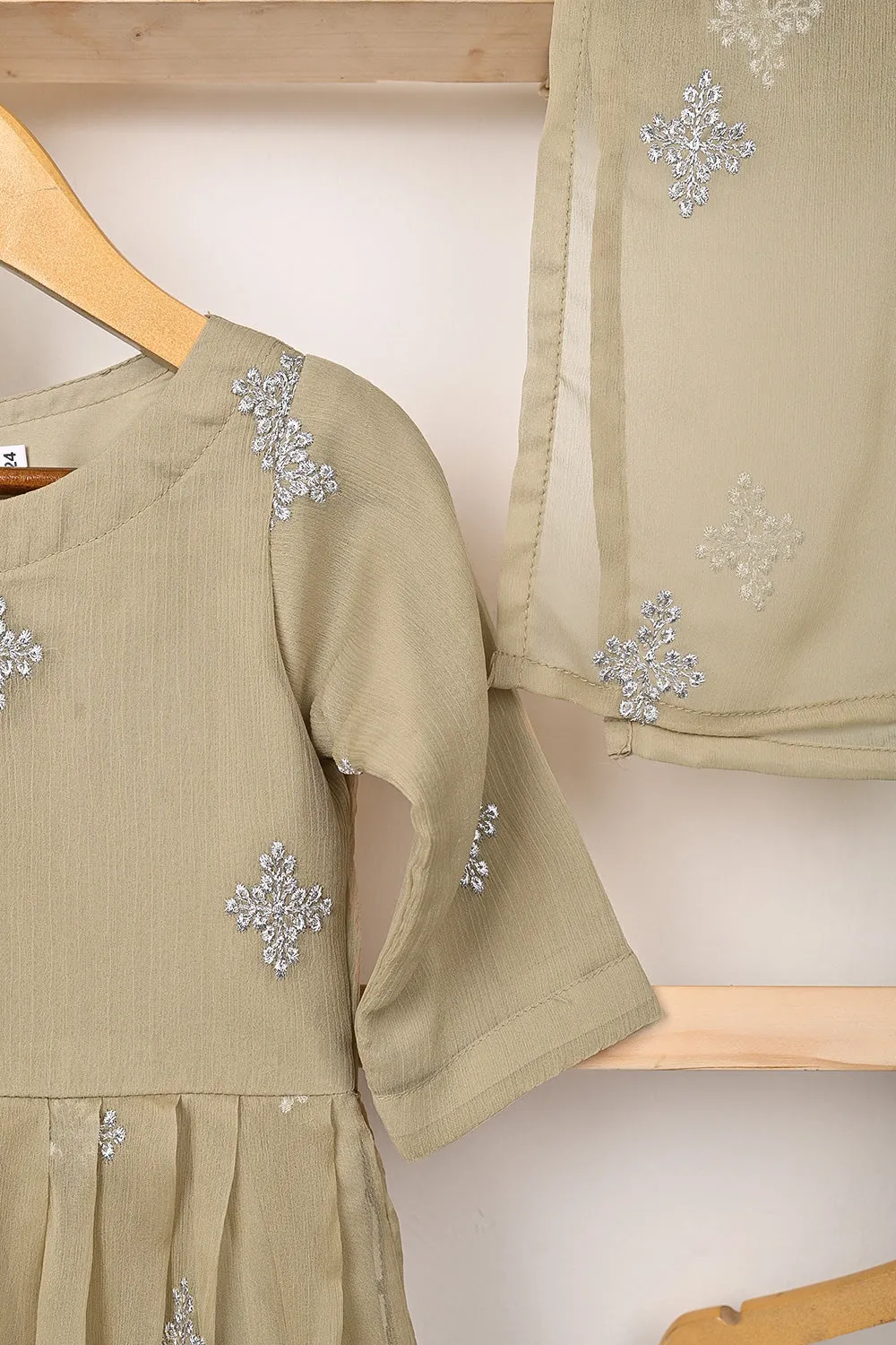TKF-323-Beige - Kids 3Pc Ready to Wear Chiffon Embroidered Frock