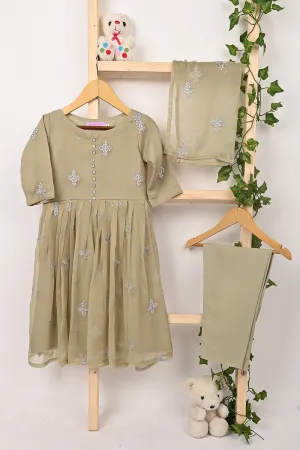 TKF-323-Beige - Kids 3Pc Ready to Wear Chiffon Embroidered Frock