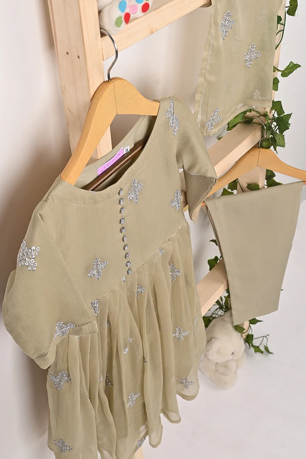 TKF-323-Beige - Kids 3Pc Ready to Wear Chiffon Embroidered Frock