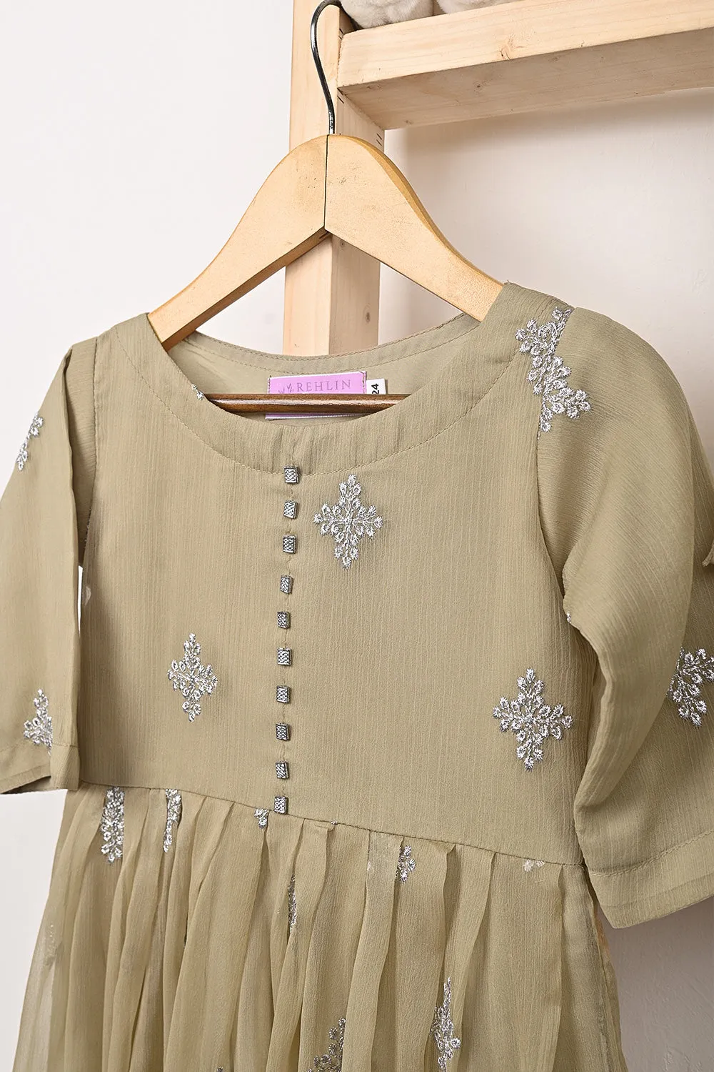 TKF-323-Beige - Kids 3Pc Ready to Wear Chiffon Embroidered Frock