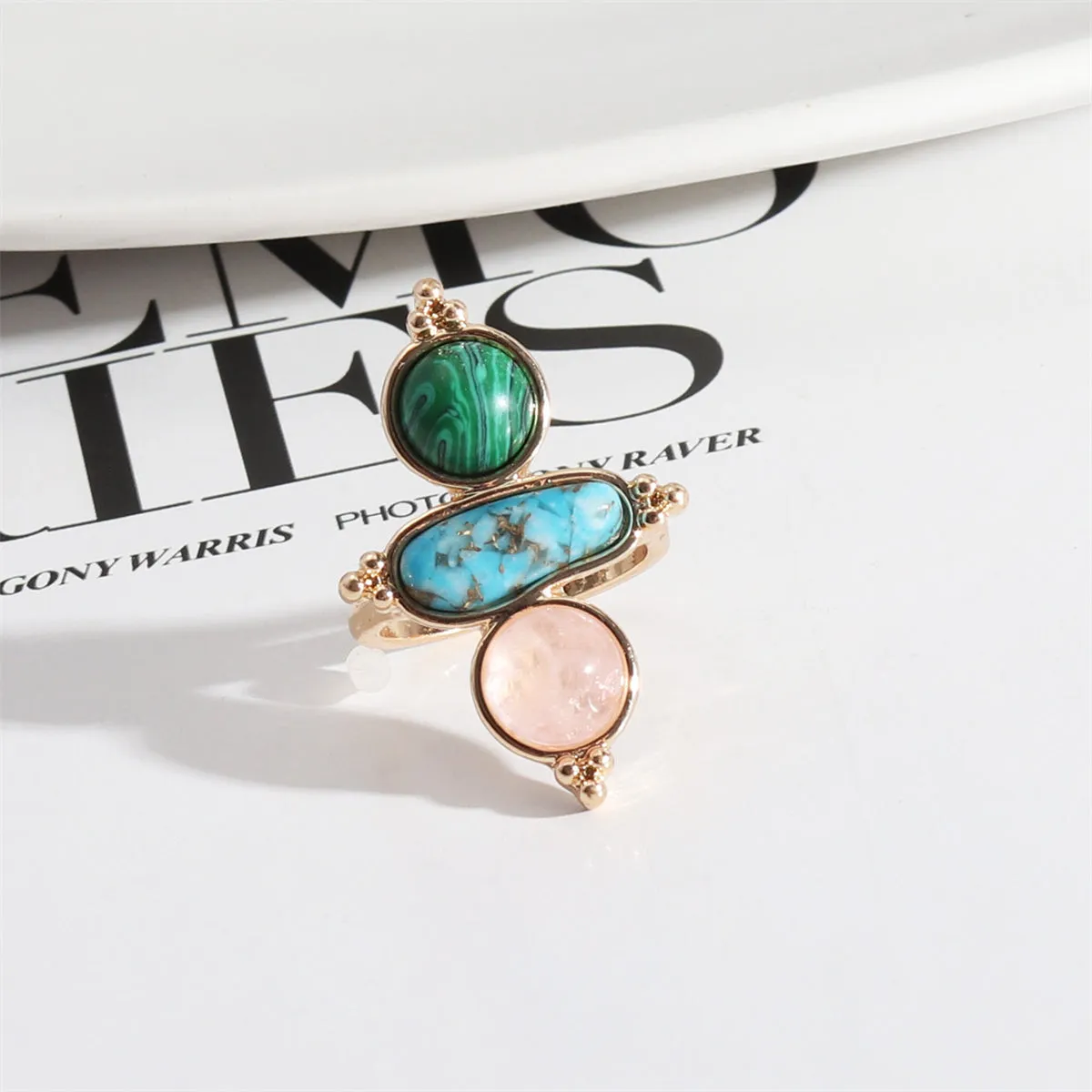 Turquoise & Malachite 18K Gold-Plated Geometric Ring