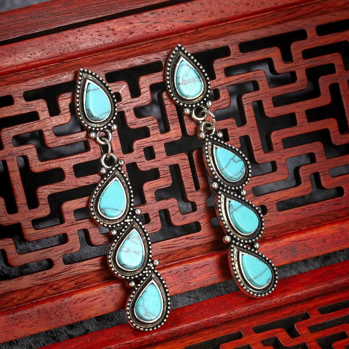 Turquoise & Silver-Plated Teardrop Linear Drop Earrings