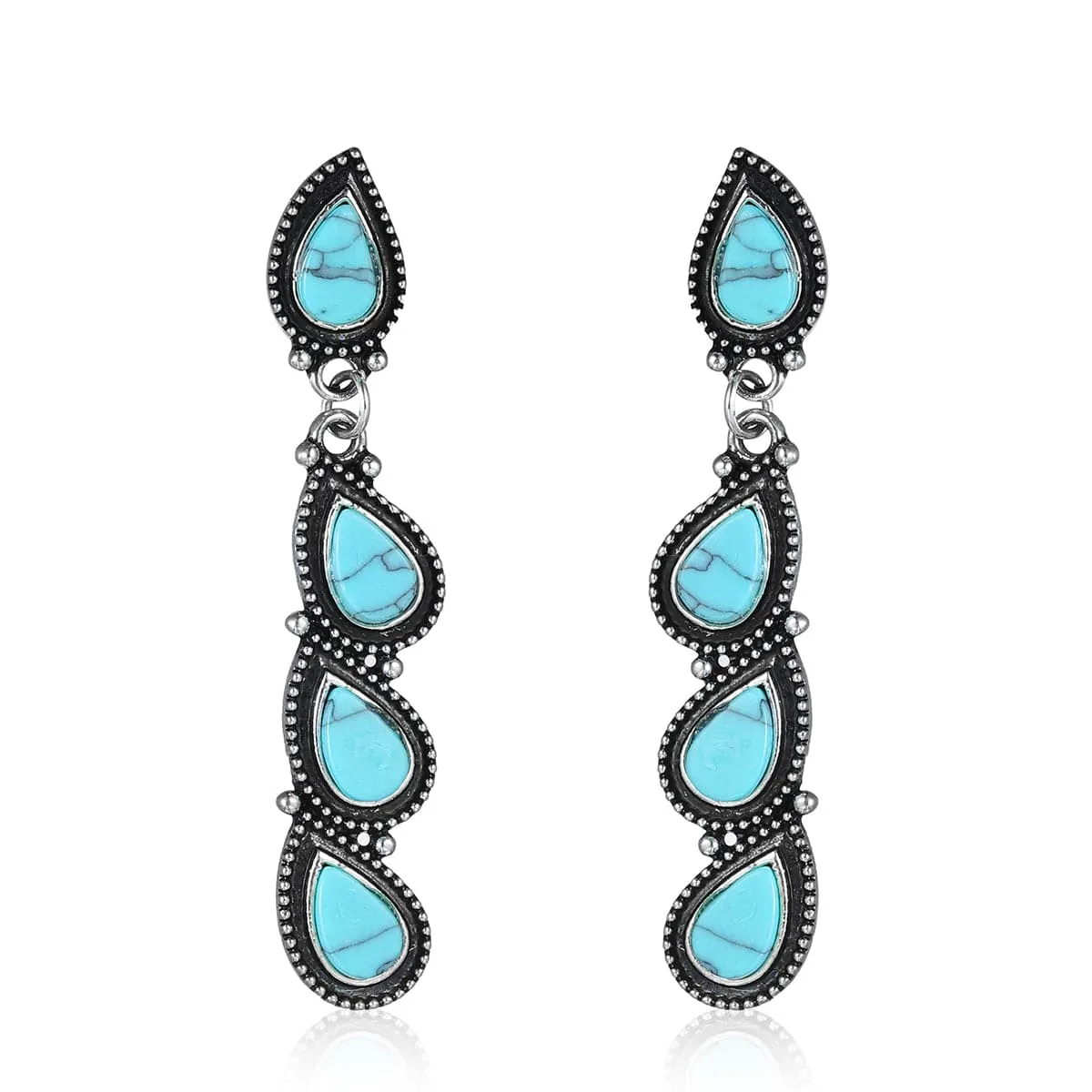 Turquoise & Silver-Plated Teardrop Linear Drop Earrings
