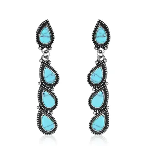 Turquoise & Silver-Plated Teardrop Linear Drop Earrings