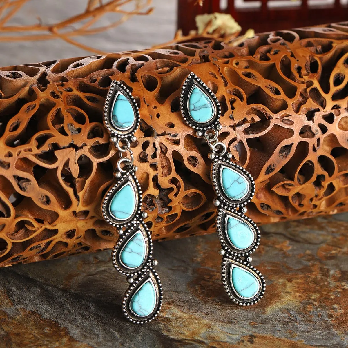 Turquoise & Silver-Plated Teardrop Linear Drop Earrings