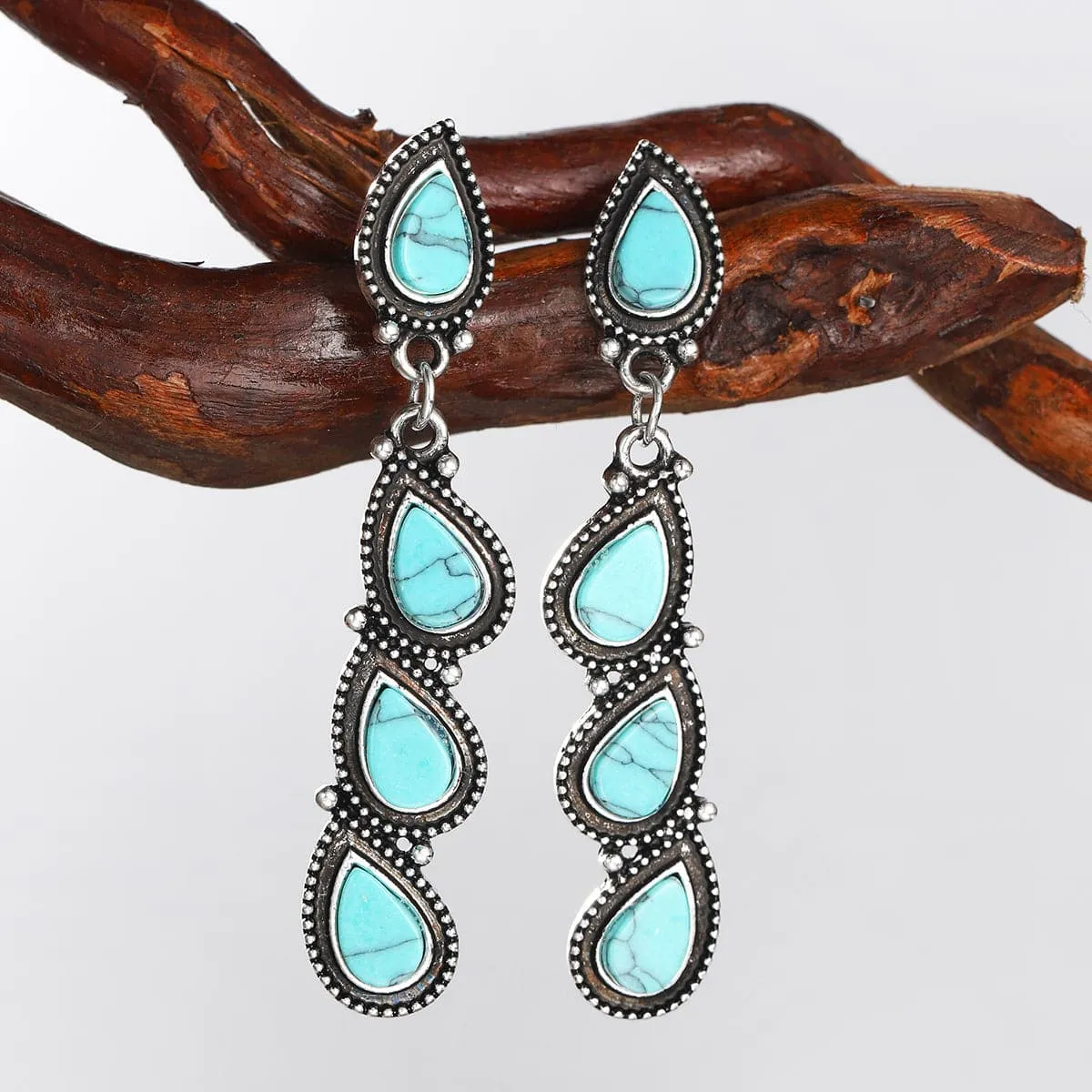 Turquoise & Silver-Plated Teardrop Linear Drop Earrings