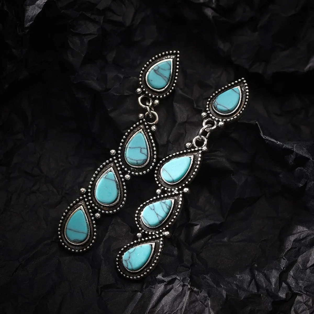 Turquoise & Silver-Plated Teardrop Linear Drop Earrings