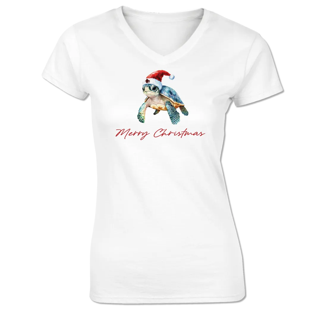 Turtle Christmas - Ladies Short Sleeve Cotton Blend V Neck Tee