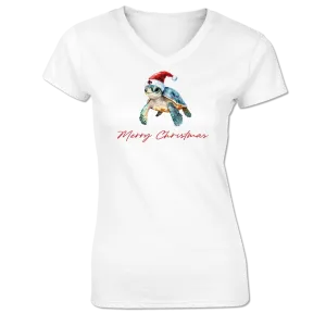 Turtle Christmas - Ladies Short Sleeve Cotton Blend V Neck Tee