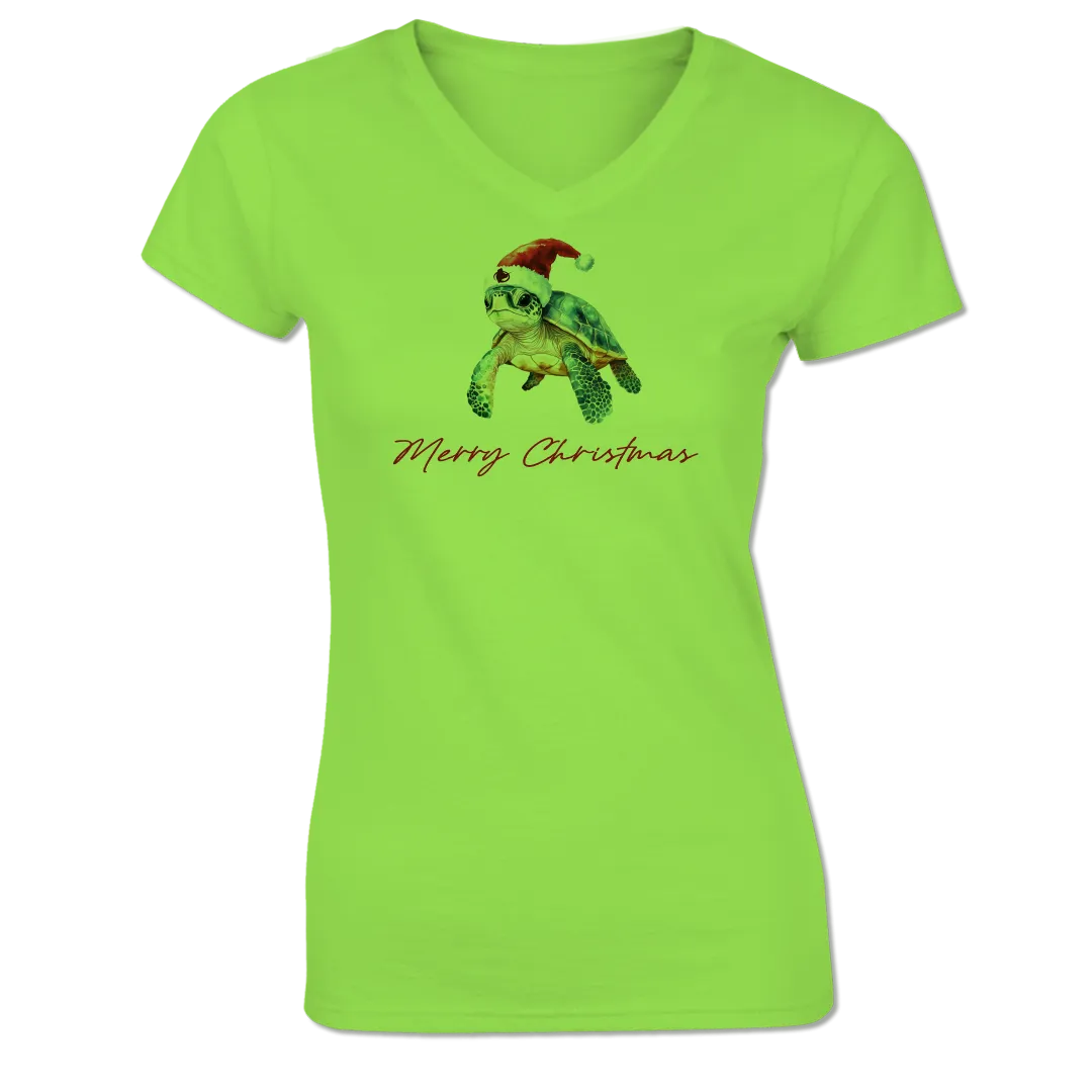 Turtle Christmas - Ladies Short Sleeve Cotton Blend V Neck Tee