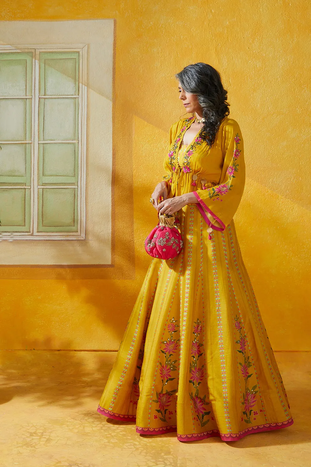 Tussar Printed Lehenga With Tube Along With   Chiffon Hand Embroidery Jacket