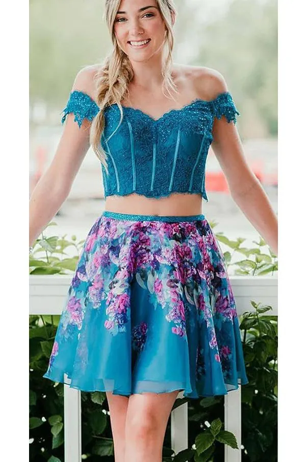 Two Piece Turquoise Off Shoulder Beading Floral Homecoming Dress OKM33