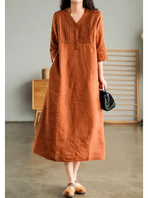 V Neck 1/2 Sleeve Gathered Loose Cotton Dress