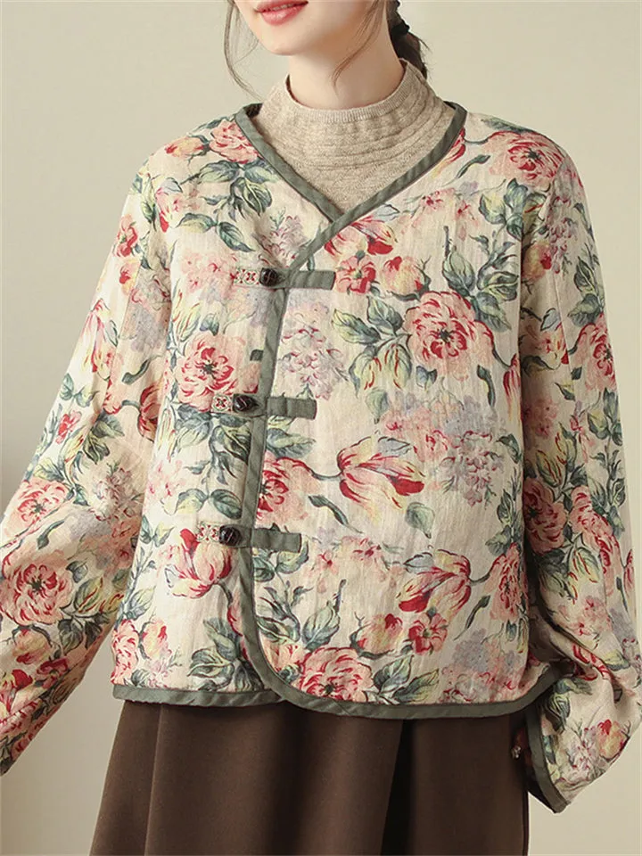 V-neck Printed Floral Winter Jackets for Women