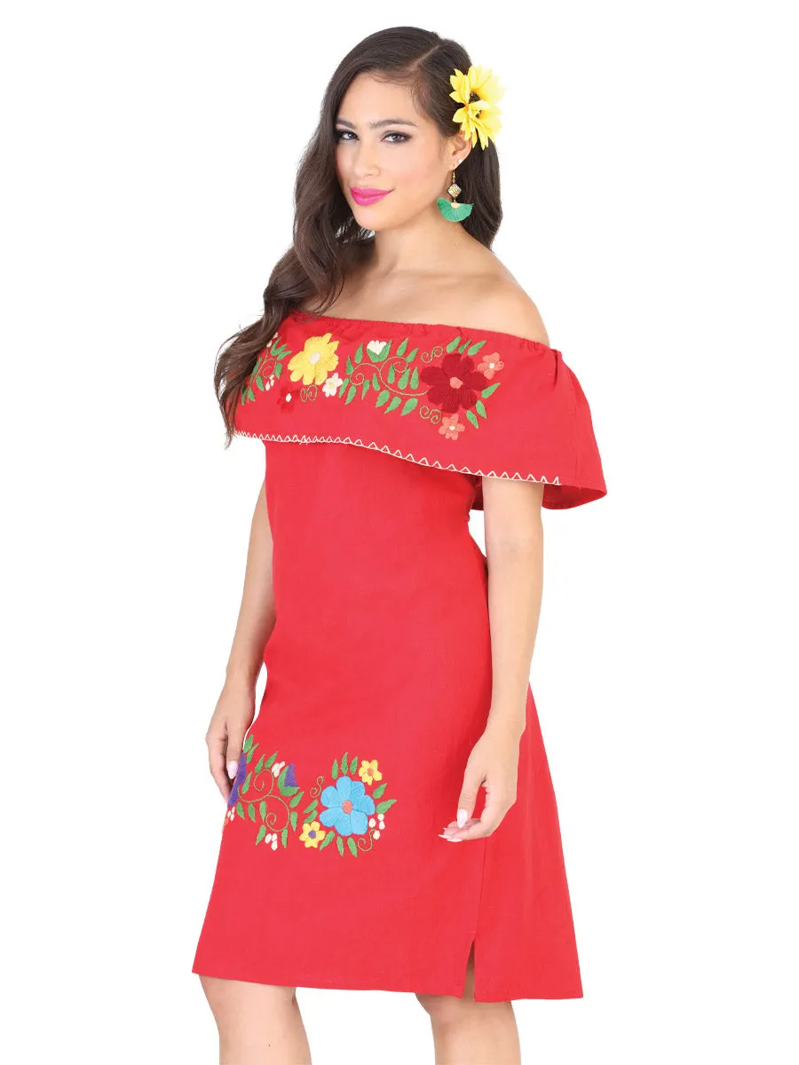 Vestido Artesanal de Olan Bordado de Flores para Mujer