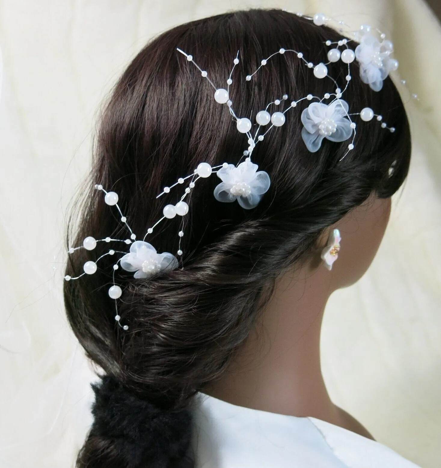 White Chiffon Flower Pearl 4 PC Hairpin Set, White Lace Bridal Floral Hair Pin, Wedding White Flower Pearl Hairpin Set