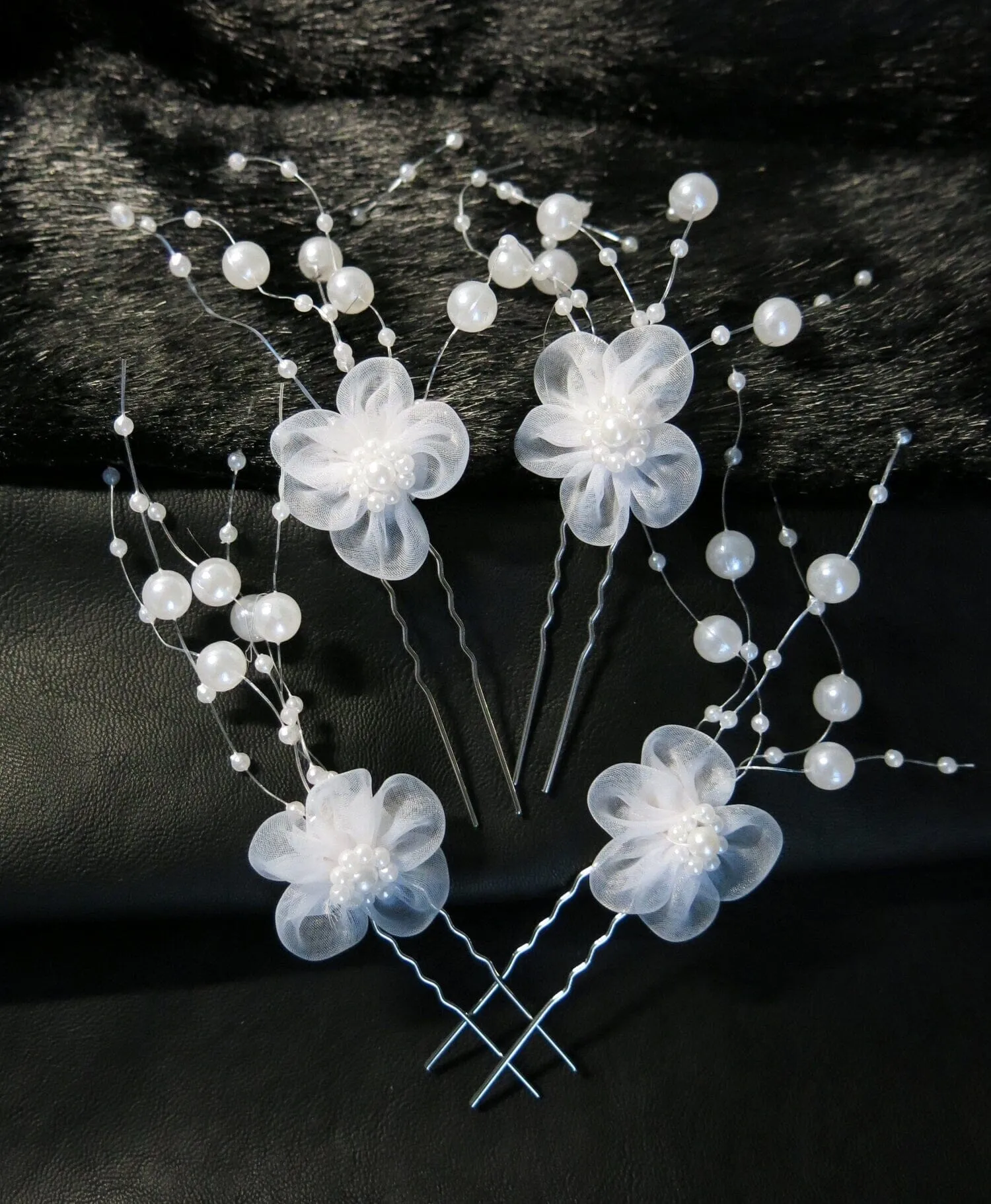 White Chiffon Flower Pearl 4 PC Hairpin Set, White Lace Bridal Floral Hair Pin, Wedding White Flower Pearl Hairpin Set