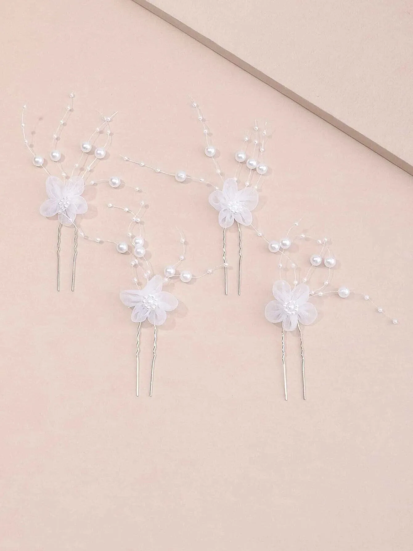 White Chiffon Flower Pearl 4 PC Hairpin Set, White Lace Bridal Floral Hair Pin, Wedding White Flower Pearl Hairpin Set
