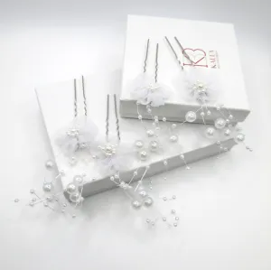 White Chiffon Flower Pearl 4 PC Hairpin Set, White Lace Bridal Floral Hair Pin, Wedding White Flower Pearl Hairpin Set