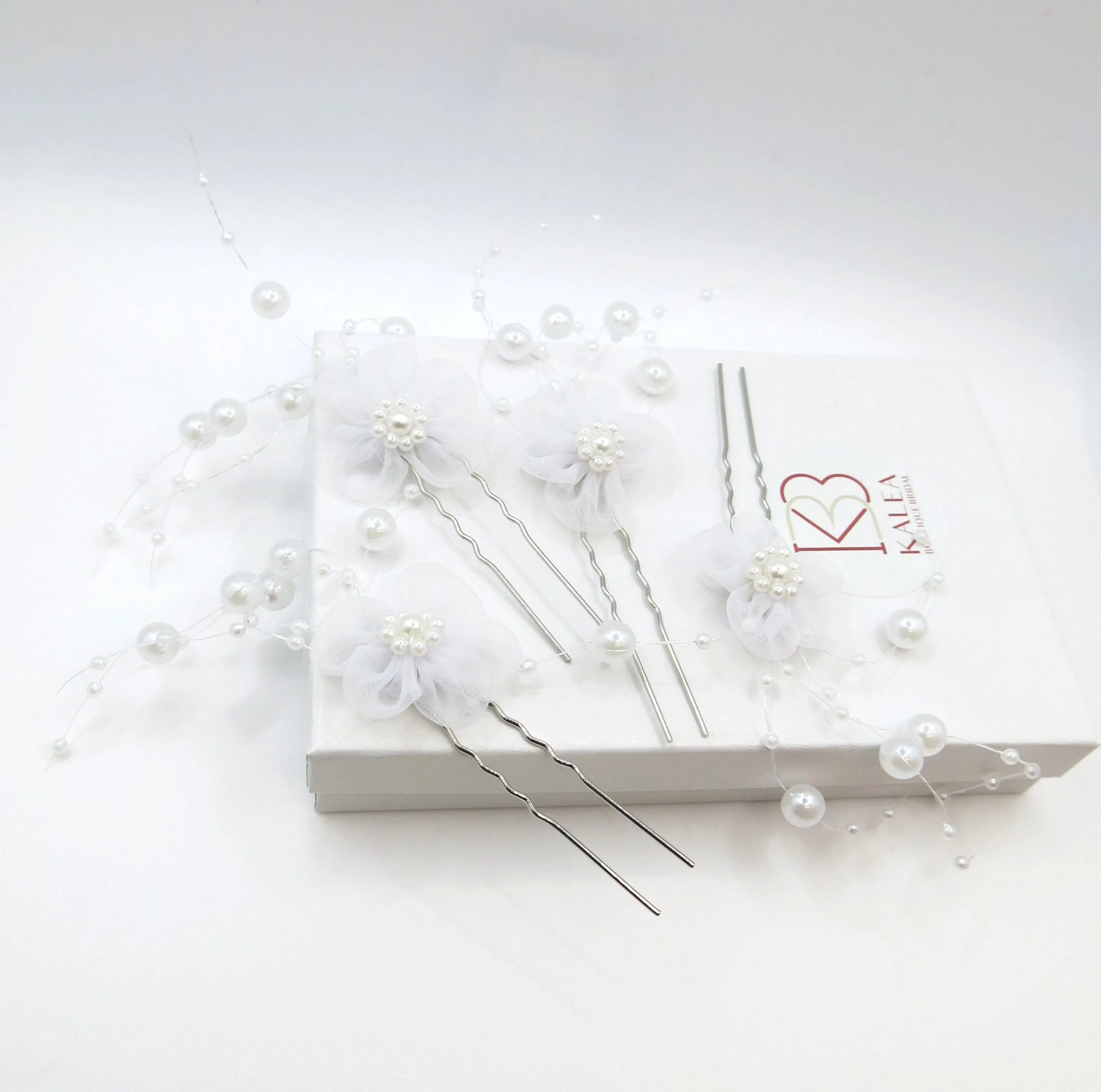 White Chiffon Flower Pearl 4 PC Hairpin Set, White Lace Bridal Floral Hair Pin, Wedding White Flower Pearl Hairpin Set
