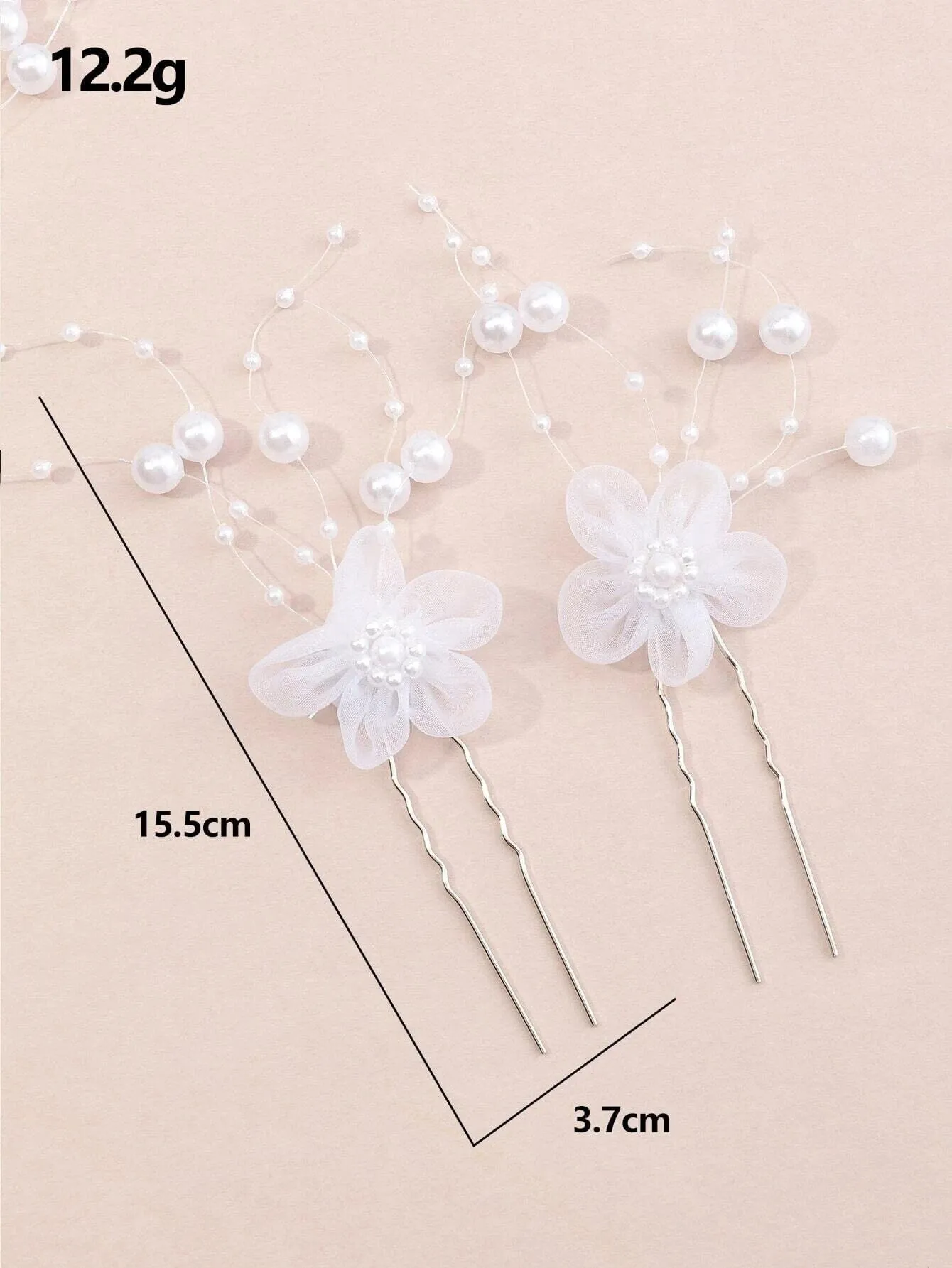 White Chiffon Flower Pearl 4 PC Hairpin Set, White Lace Bridal Floral Hair Pin, Wedding White Flower Pearl Hairpin Set