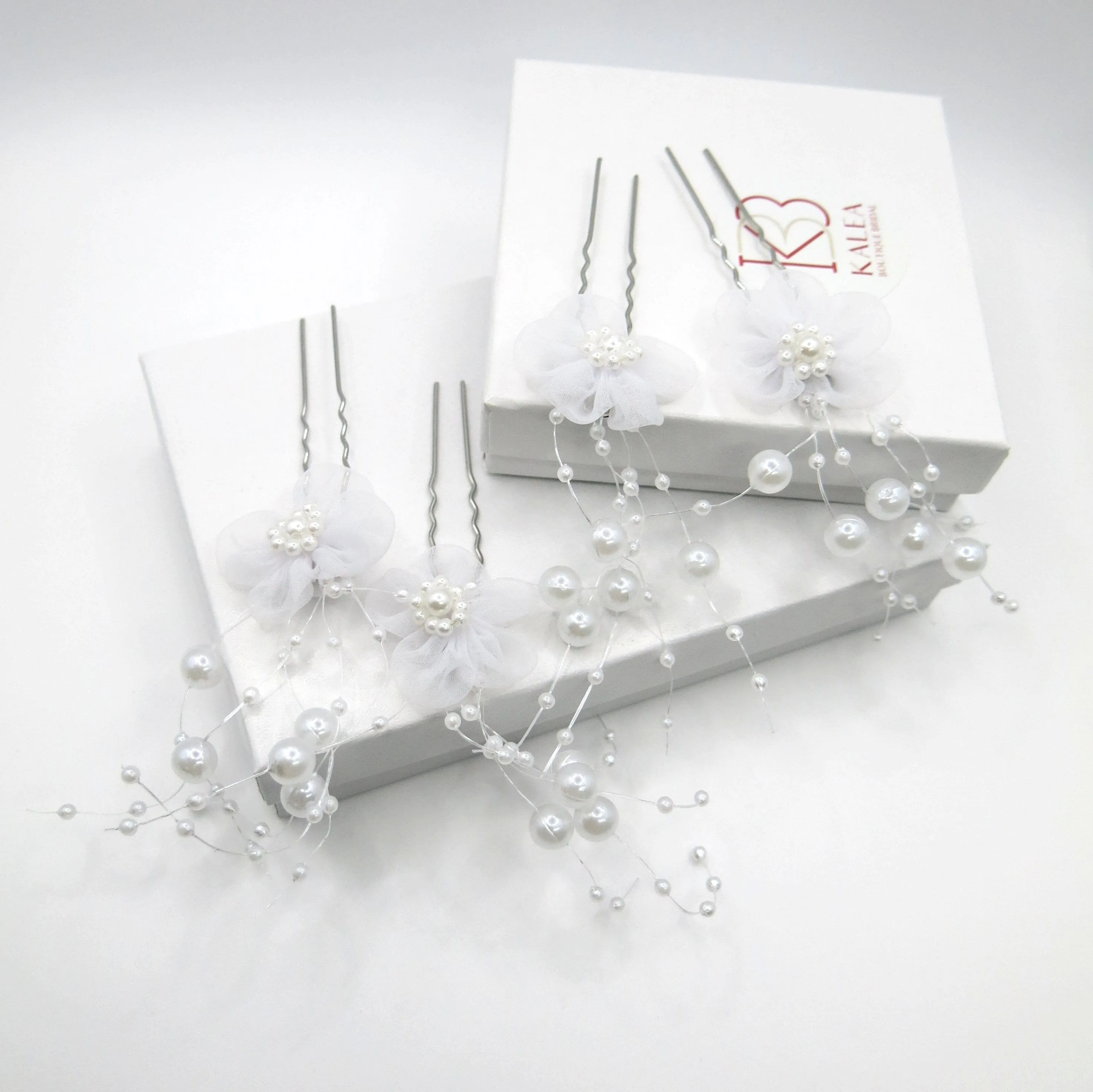 White Chiffon Flower Pearl 4 PC Hairpin Set, White Lace Bridal Floral Hair Pin, Wedding White Flower Pearl Hairpin Set