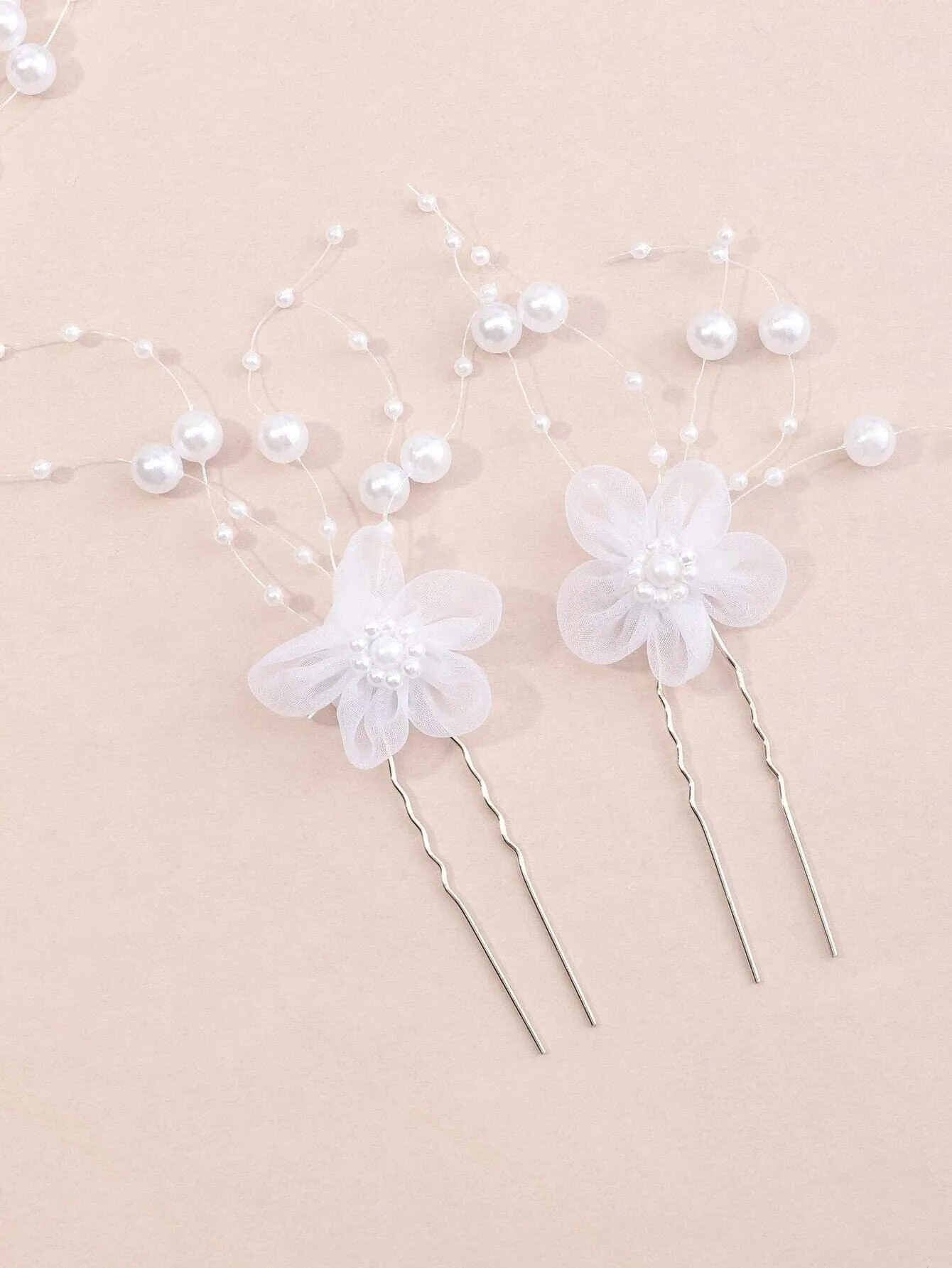 White Chiffon Flower Pearl 4 PC Hairpin Set, White Lace Bridal Floral Hair Pin, Wedding White Flower Pearl Hairpin Set